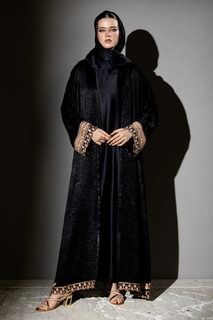 3 Piece - Black Wave Silk Velvet Abaya