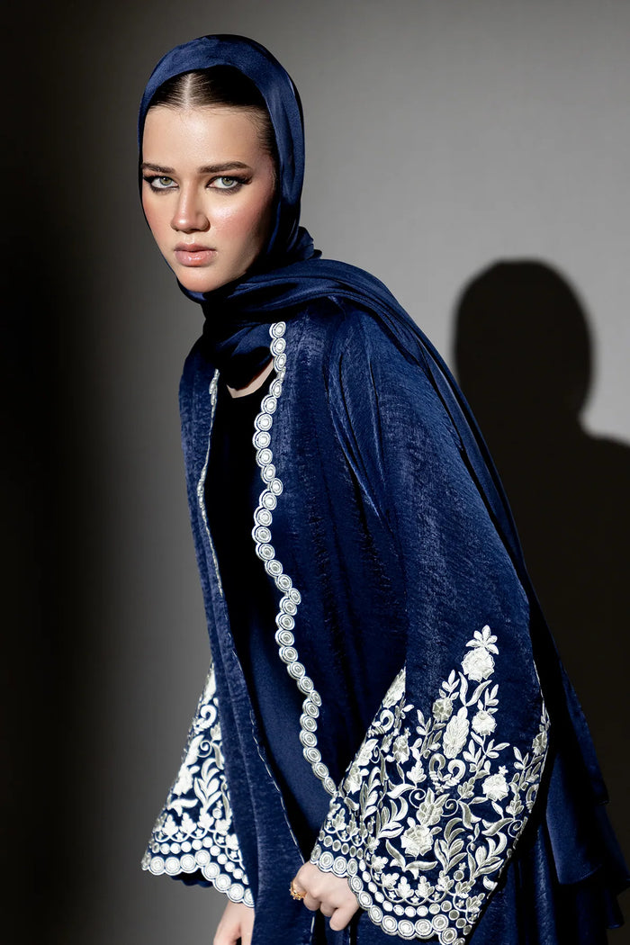 3 Piece - Blue Silk Velvet Abaya