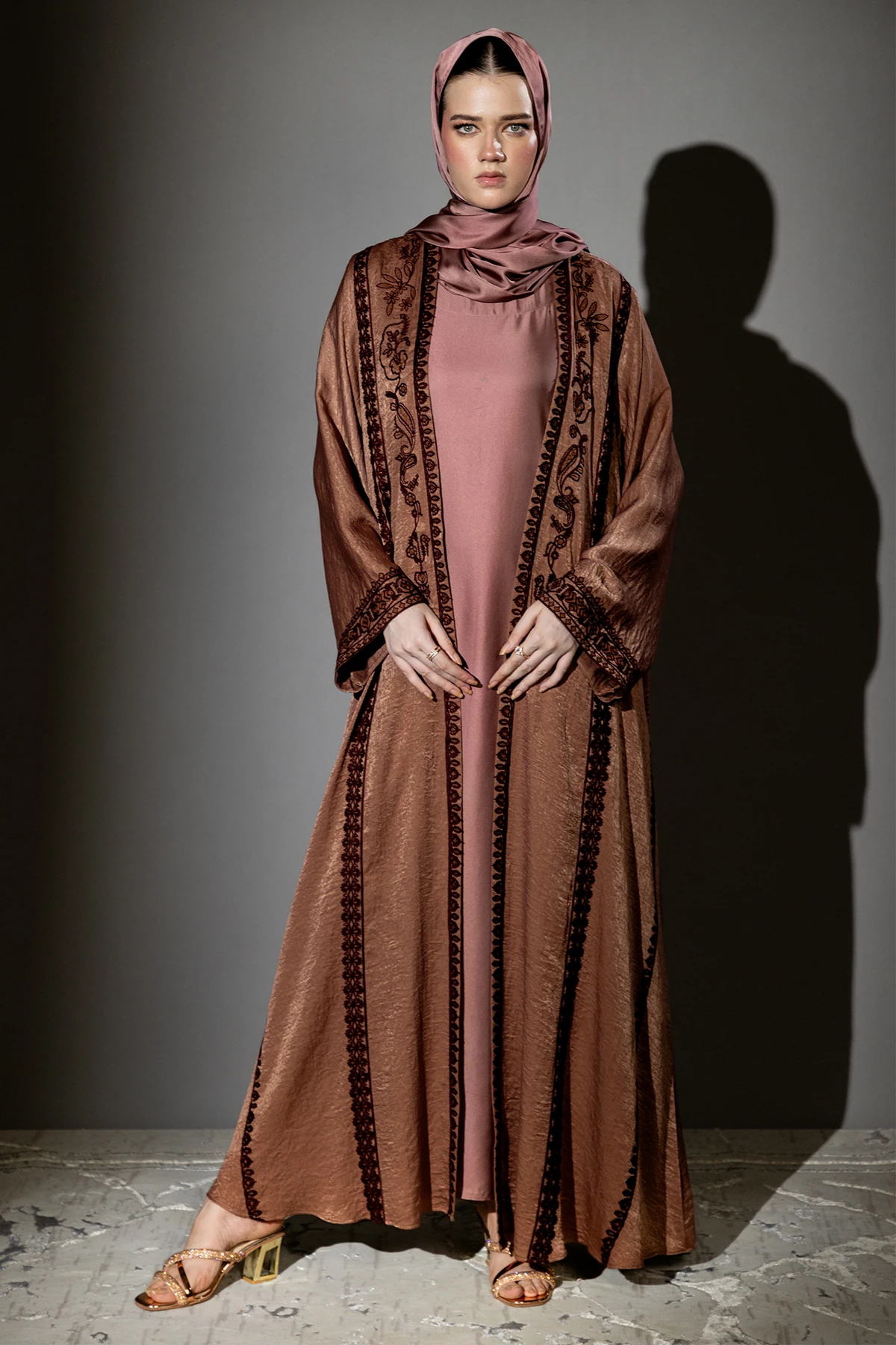 3 Piece - Bronze Silk Velvet Abaya
