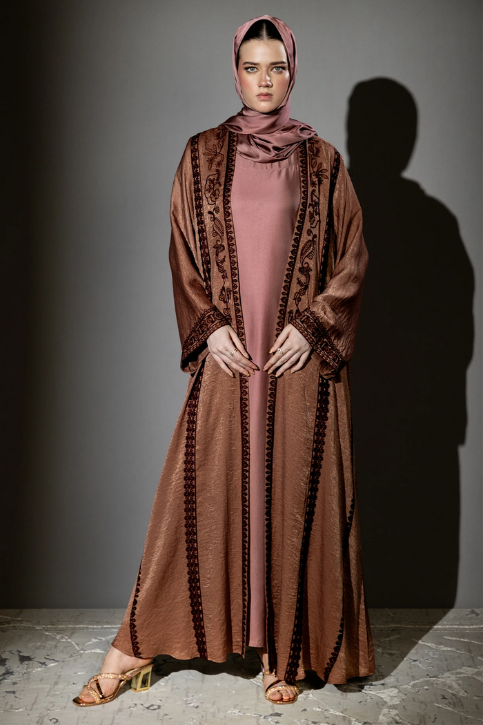 3 Piece - Bronze Silk Velvet Abaya