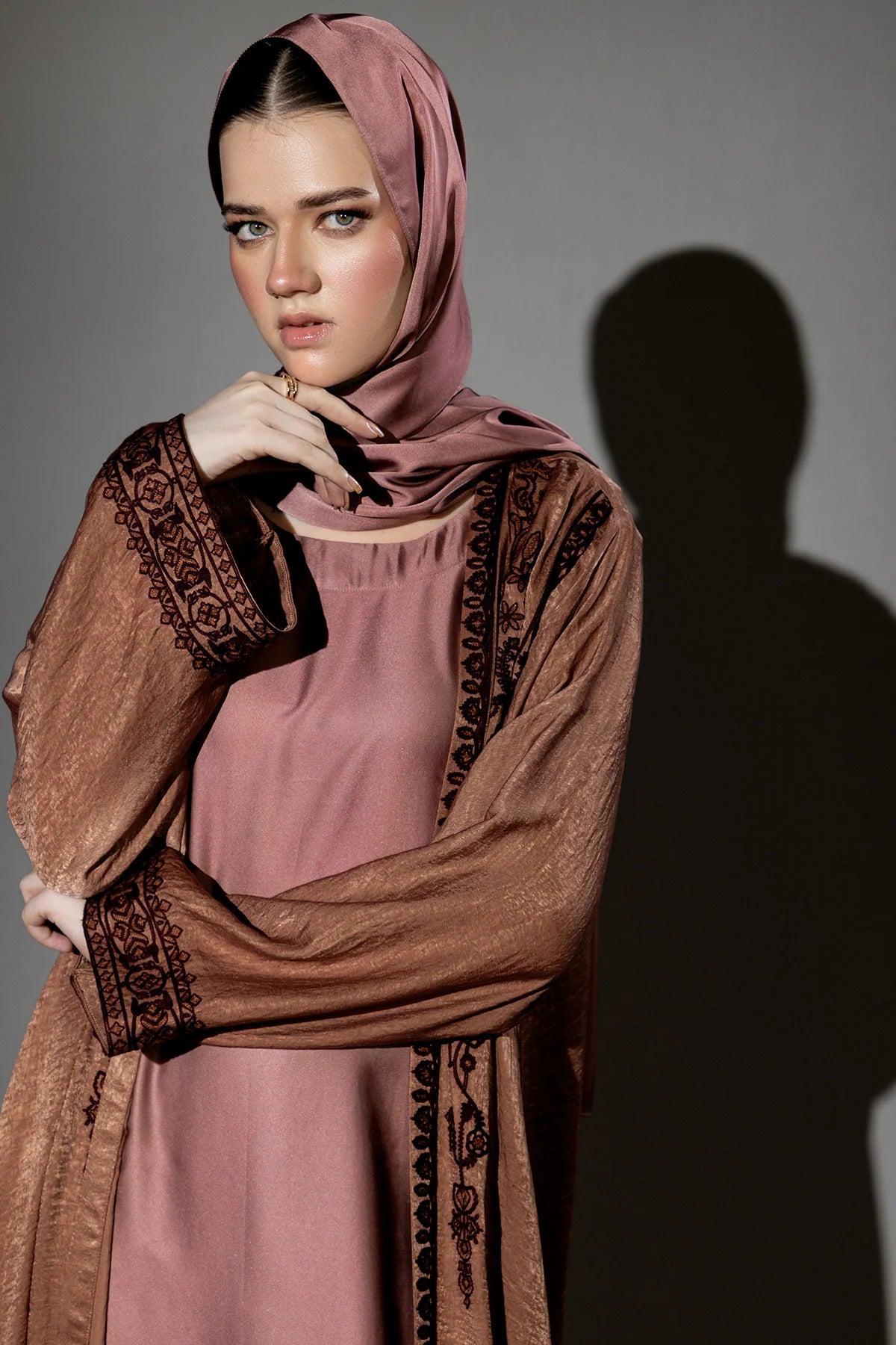 3 Piece - Bronze Silk Velvet Abaya