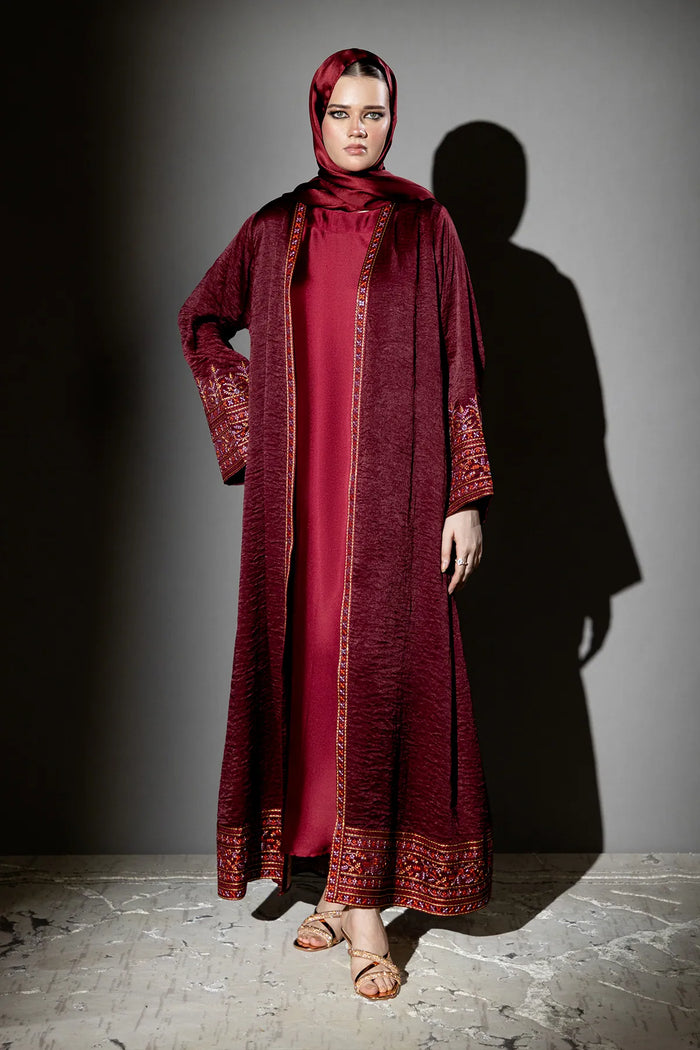3 Piece - Maroon Silk Velvet Abaya