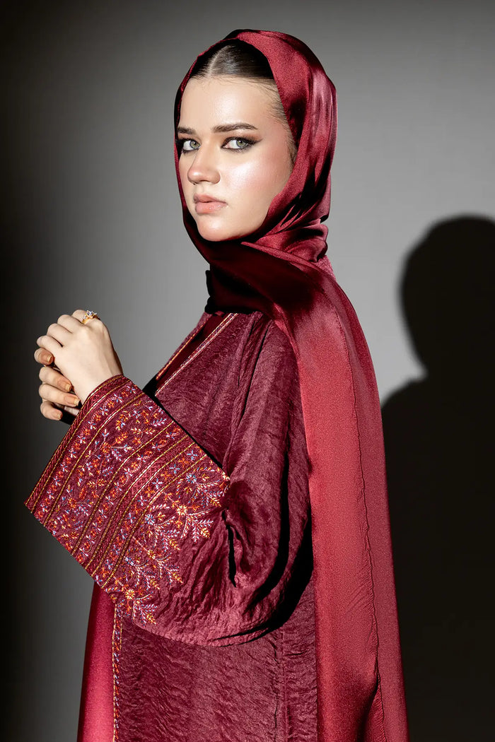 3 Piece - Maroon Silk Velvet Abaya