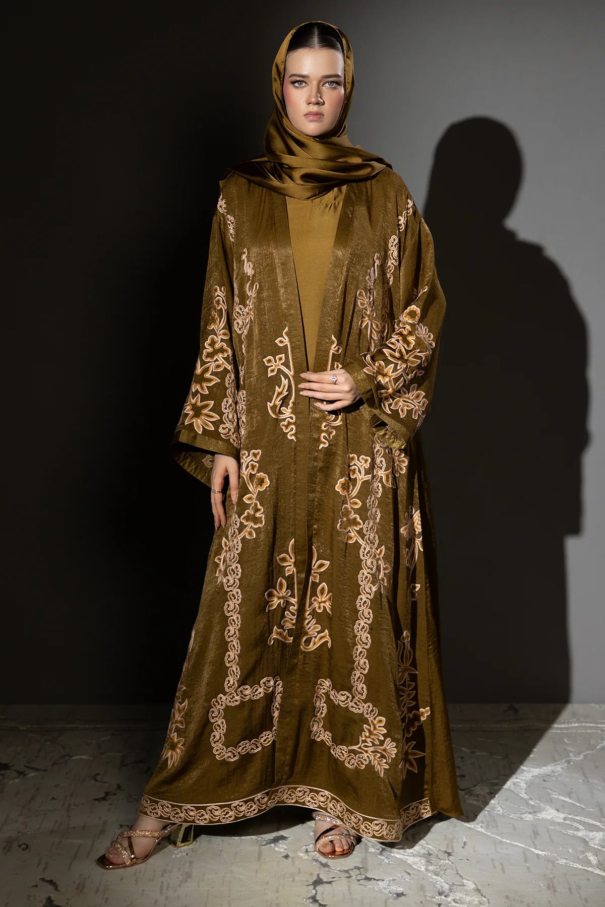 3 Piece - Olive Brown Silk Velvet Abaya