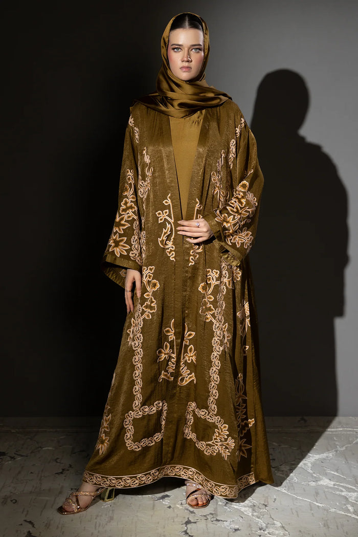 3 Piece - Olive Brown Silk Velvet Abaya