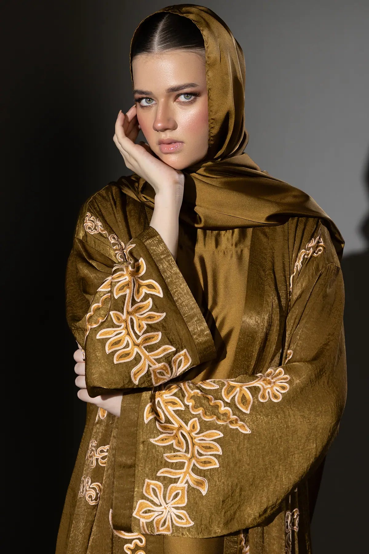3 Piece - Olive Brown Silk Velvet Abaya