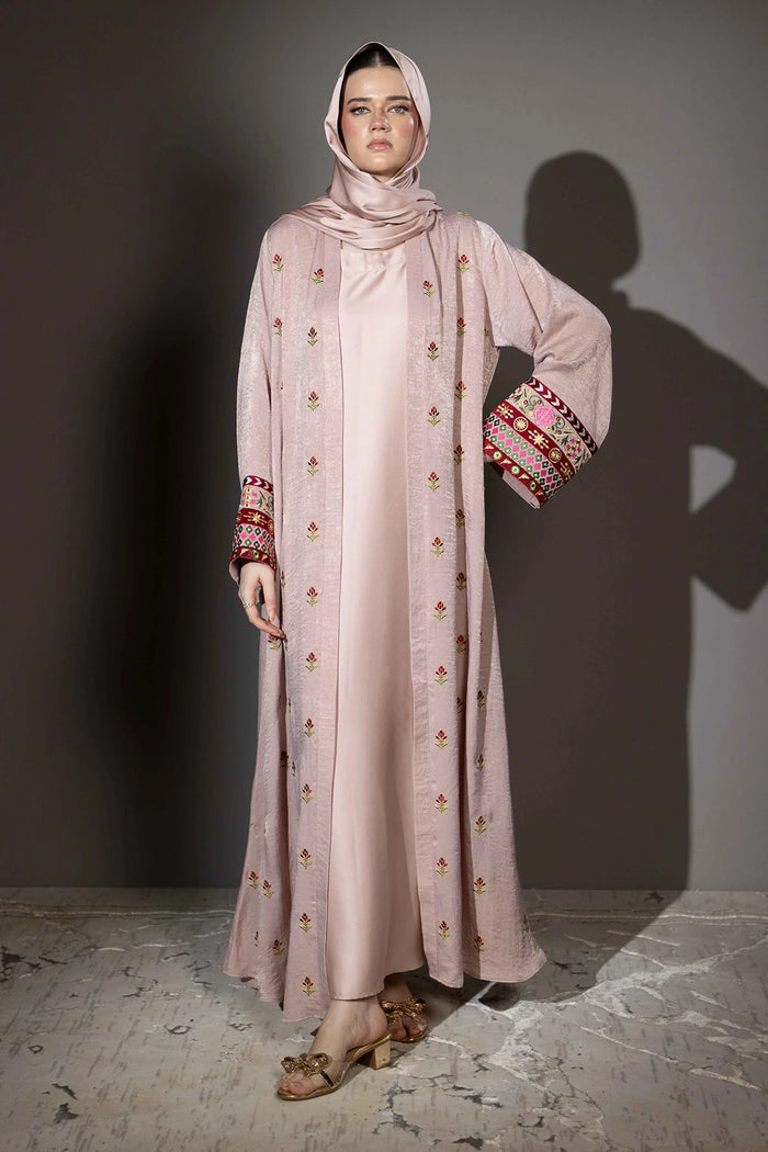 3 Piece - Pink Silk Velvet Abaya