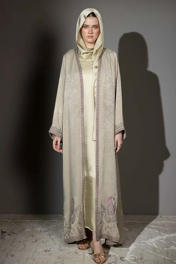 3 Piece - Sandshell Silk Velvet Abaya