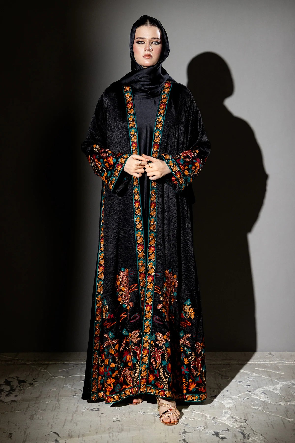 3 Piece - Black Silk Velvet Abaya