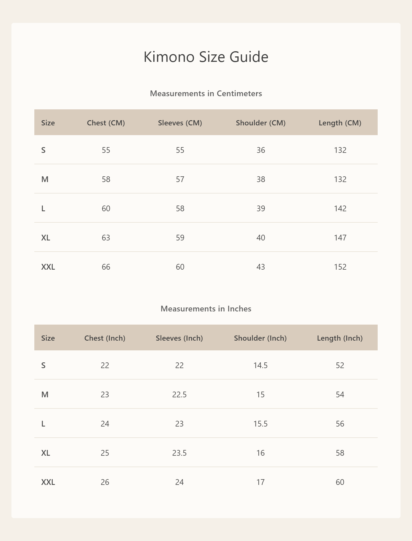 Product size chart