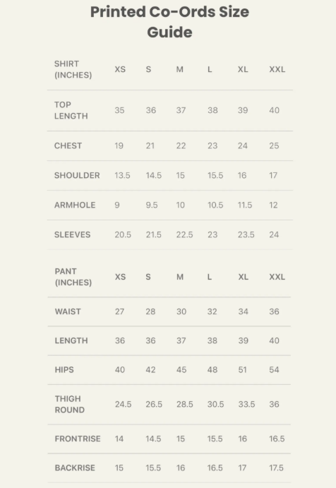Product size chart