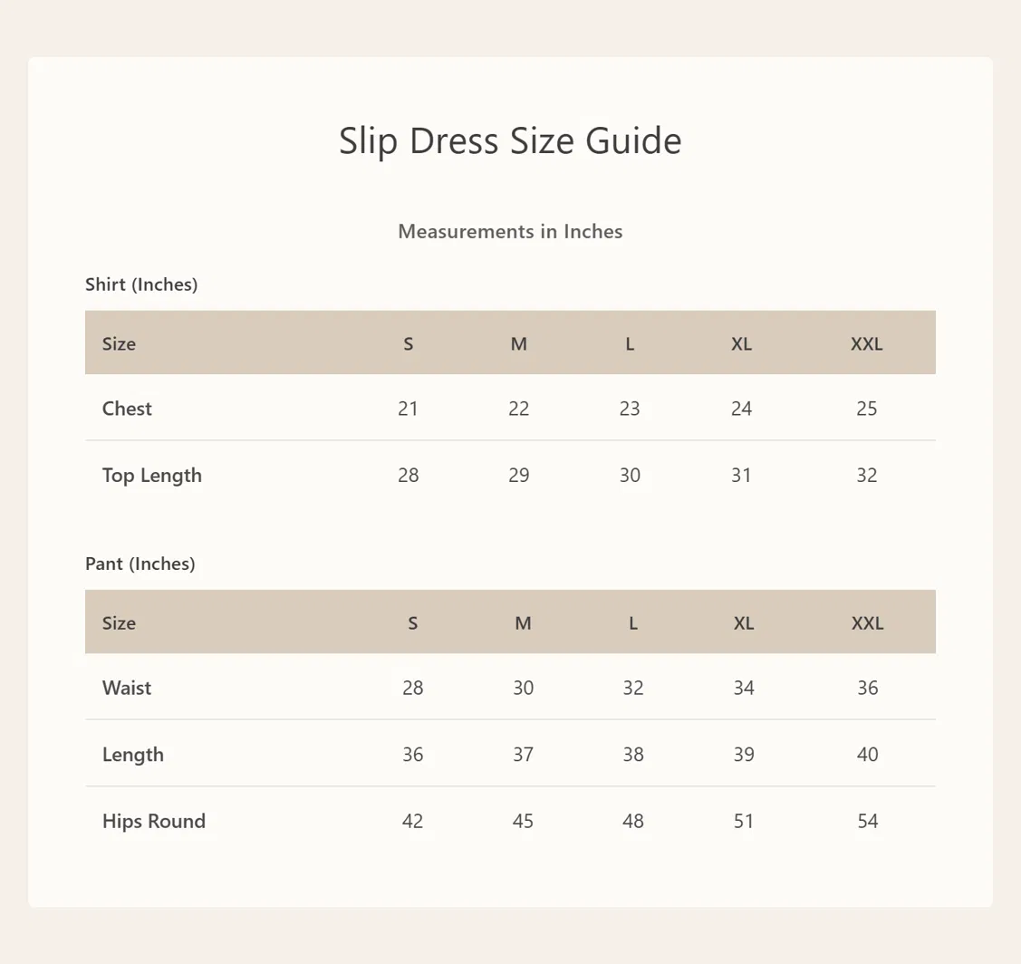Product size chart