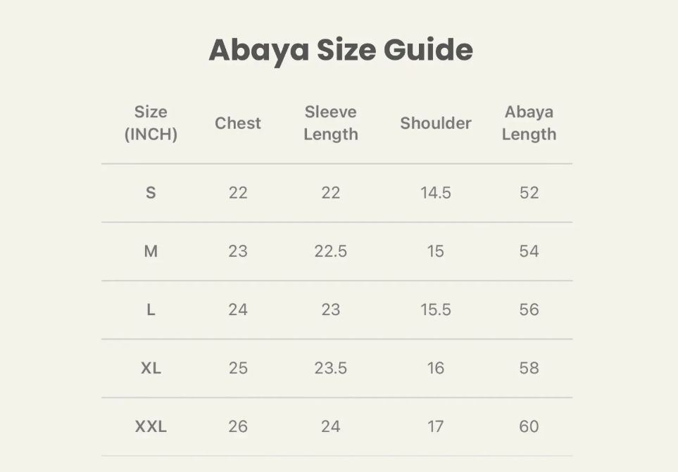 Product size chart