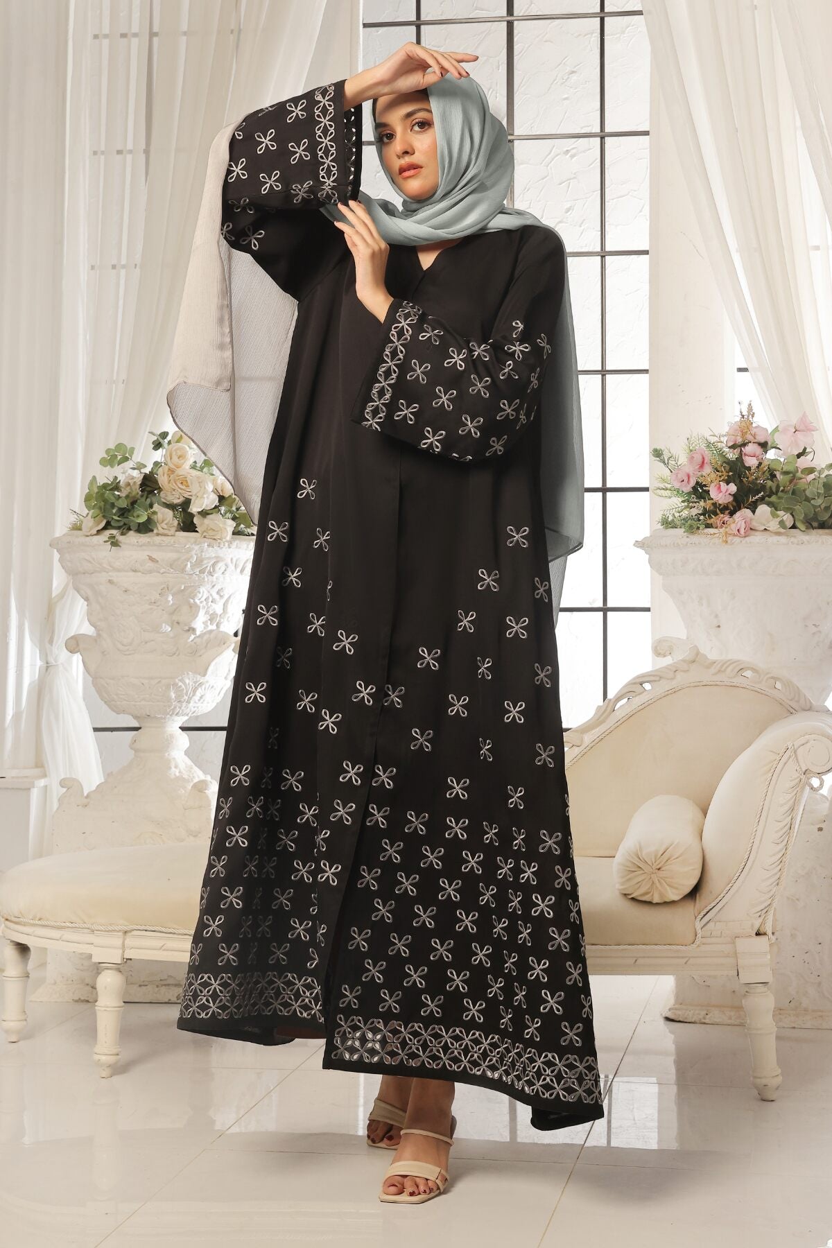 Lilac Leaf Petal Embroidered Abaya