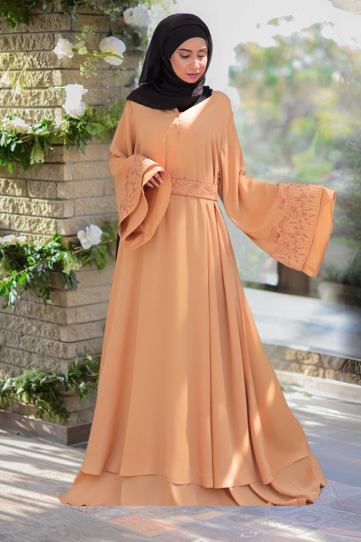 layered abaya dress Muslim Women 3 Layer Chiffon Open Abaya Dress With Hijab