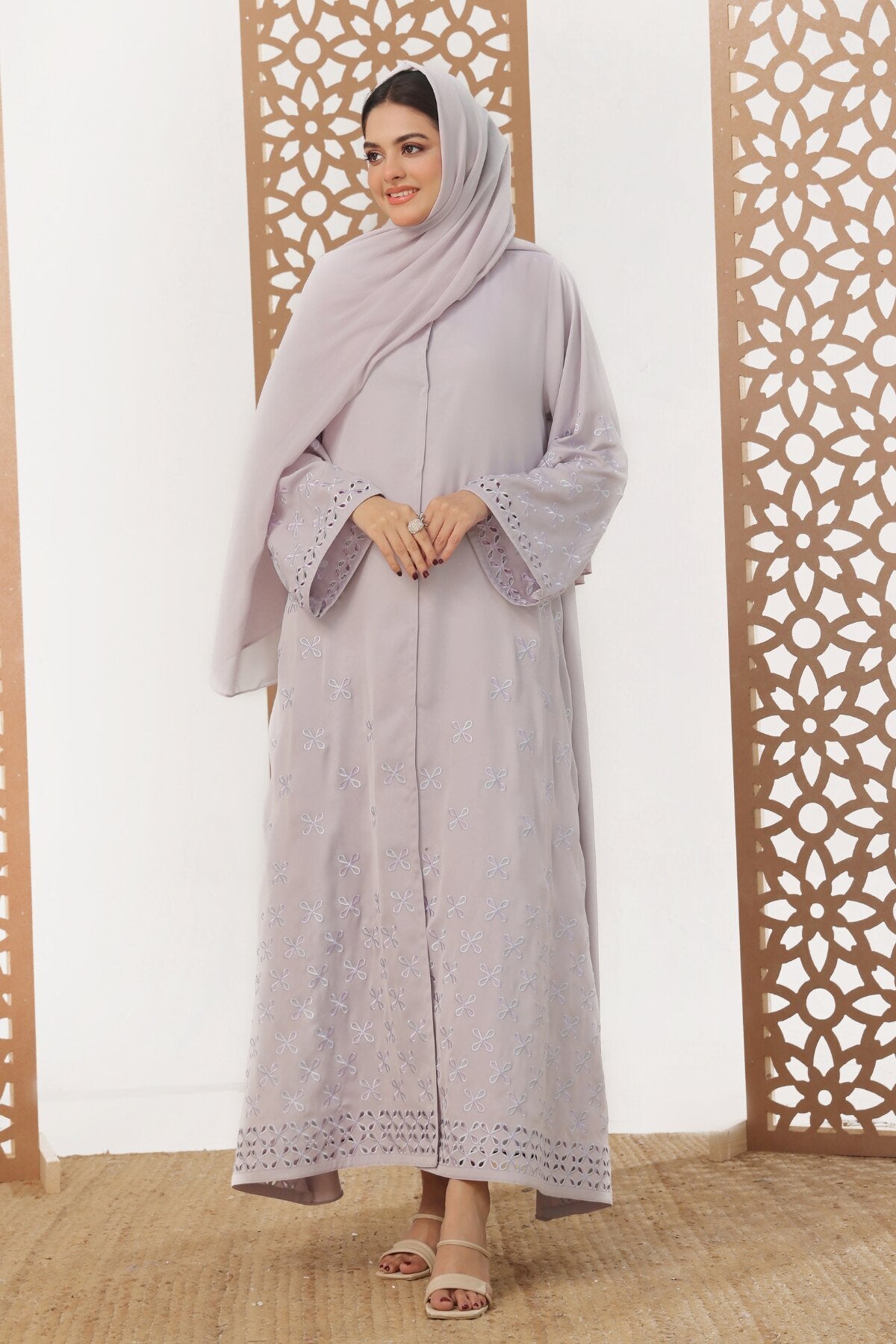 White Leaf Petal Embroidered Abaya