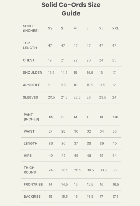 Product size chart